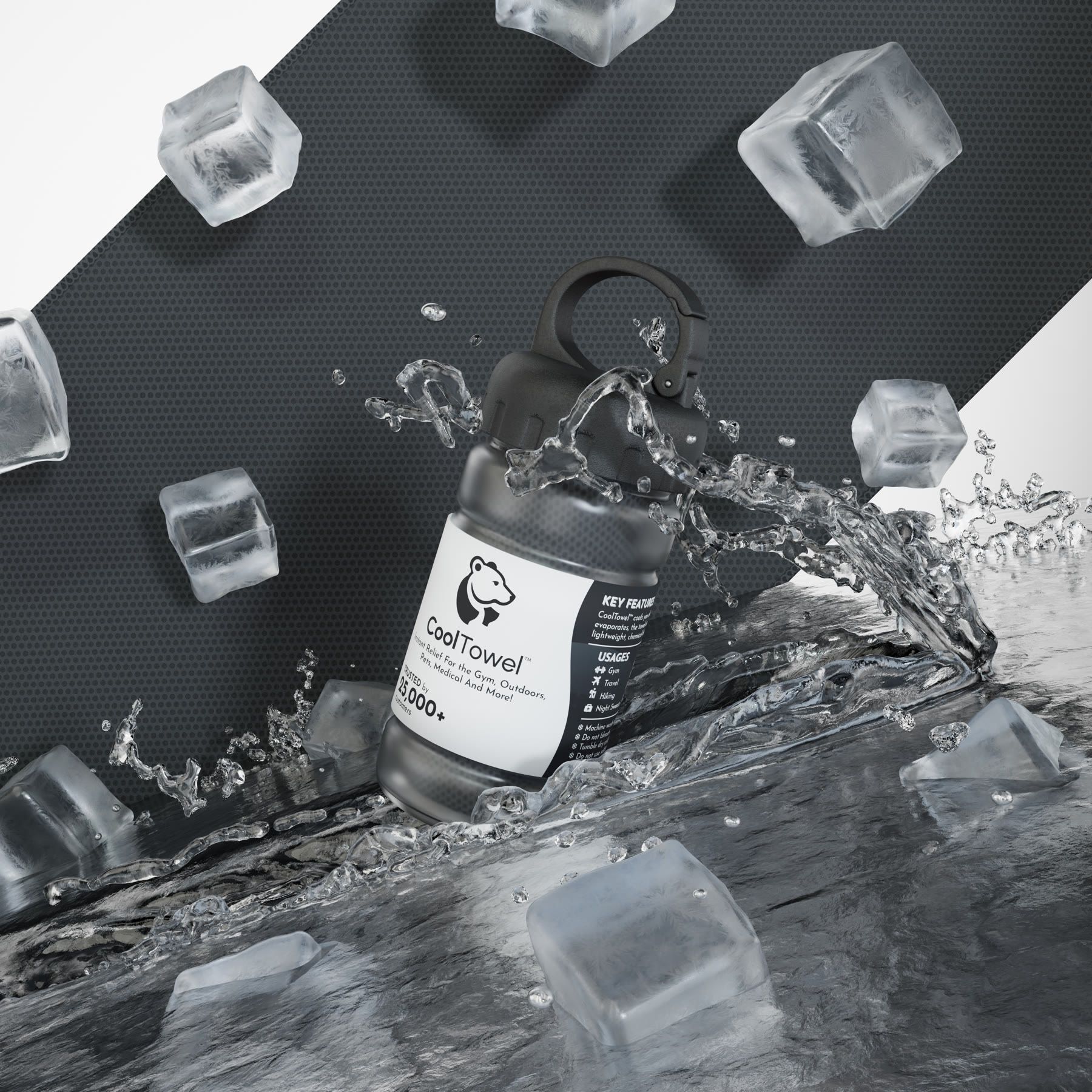 A black CoolTowel in its bottle, surrounded by ice