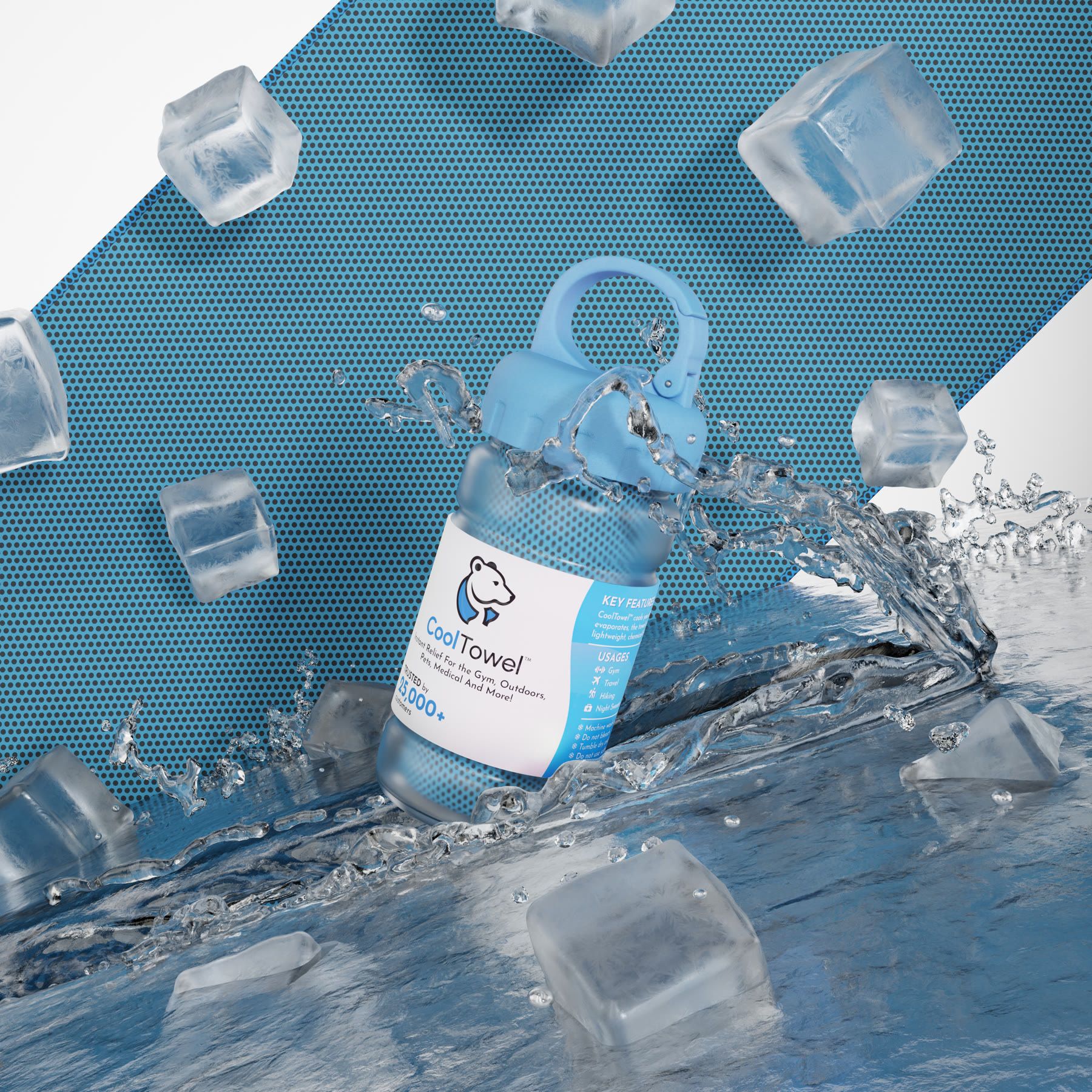 A blue CoolTowel in its bottle, surrounded by ice