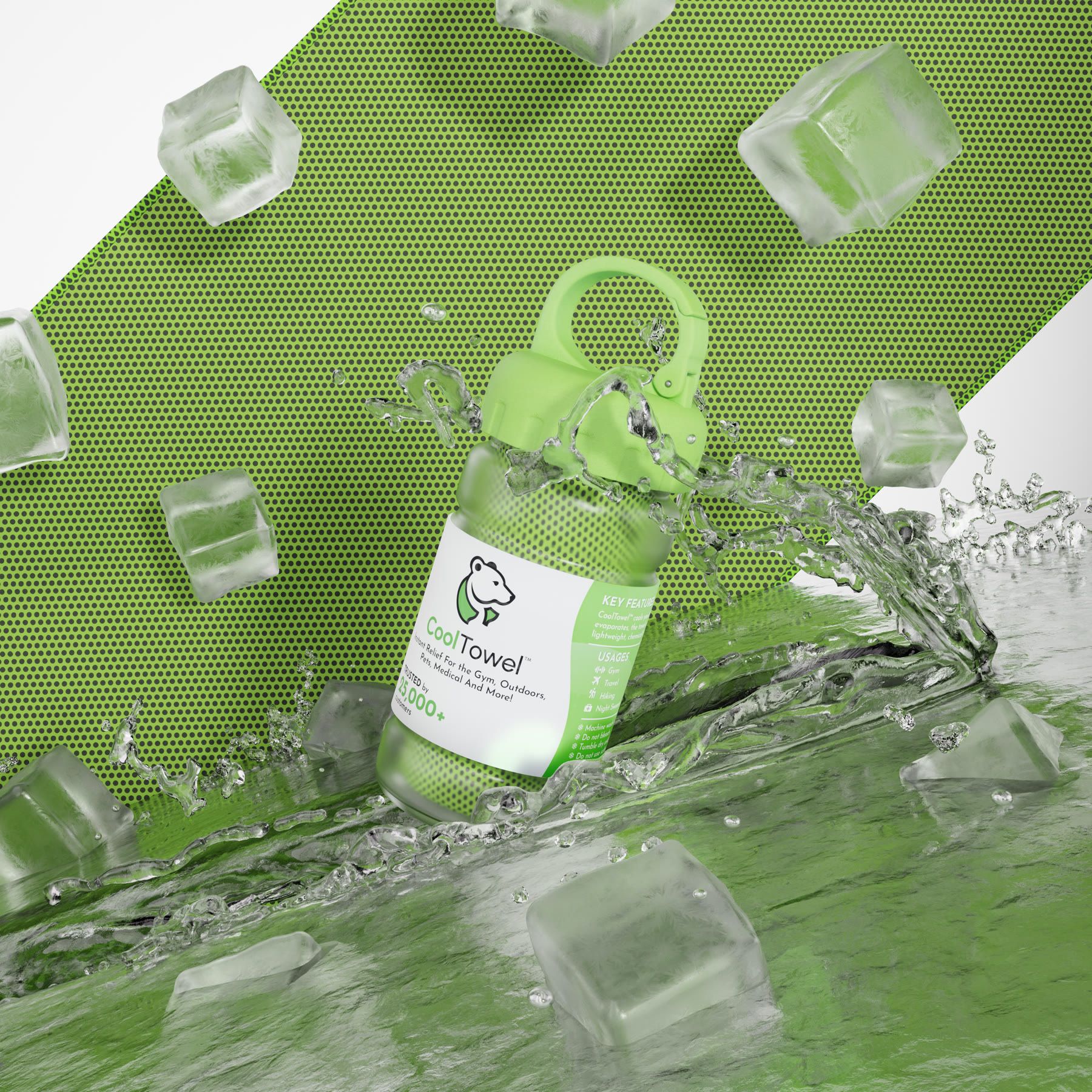 A green CoolTowel in its bottle, surrounded by ice