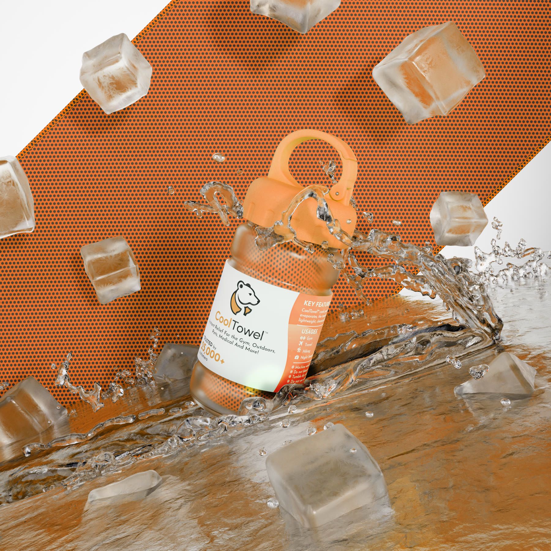 A orange CoolTowel in its bottle, surrounded by ice