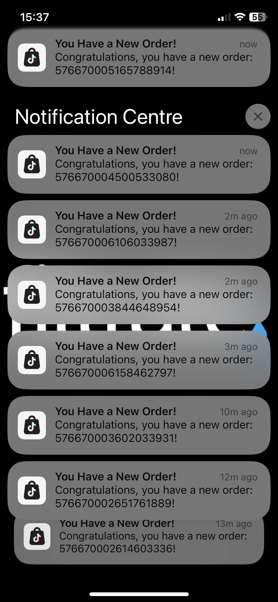 A phone notification screen filled with TikTok Shop new order alerts, minutes apart