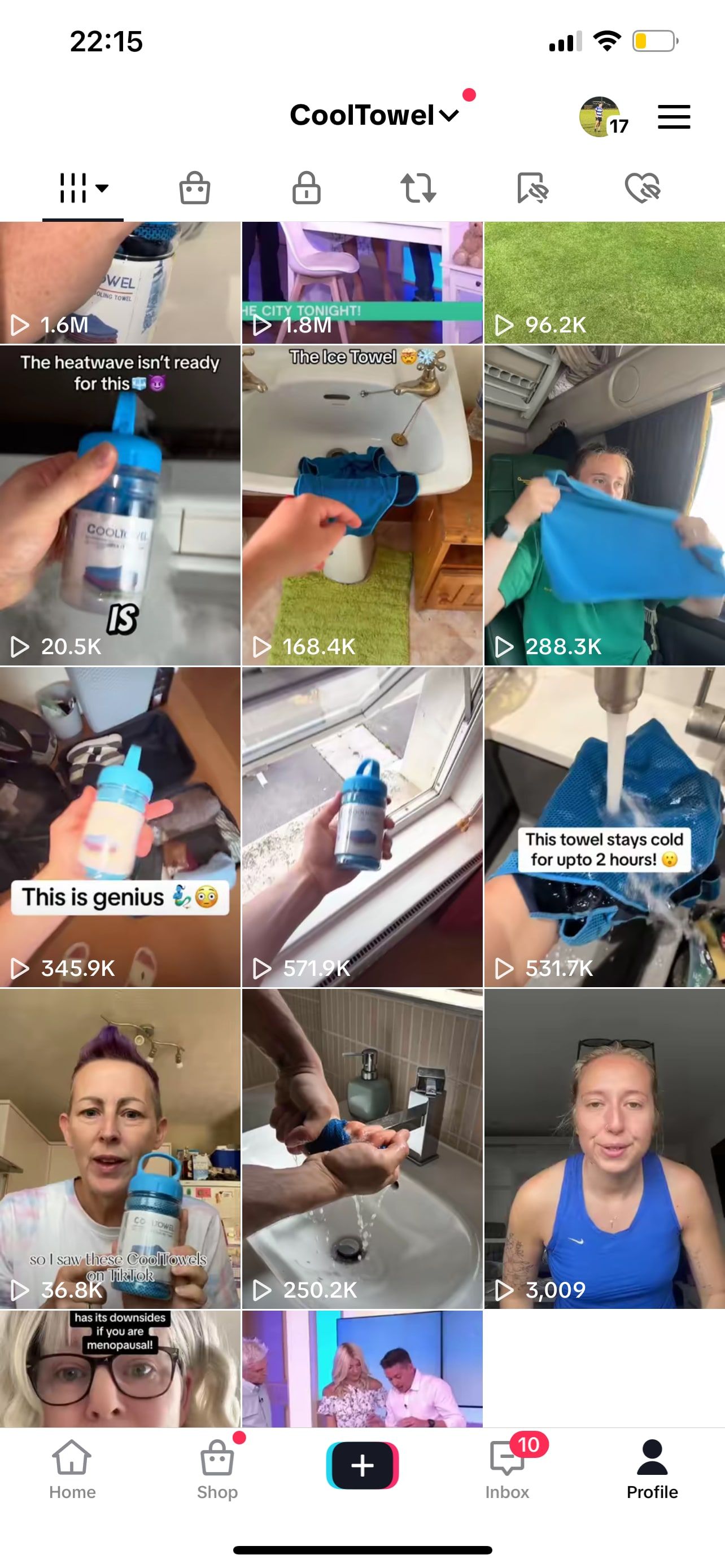 A grid of affiliate videos about CoolTowel with their view counts