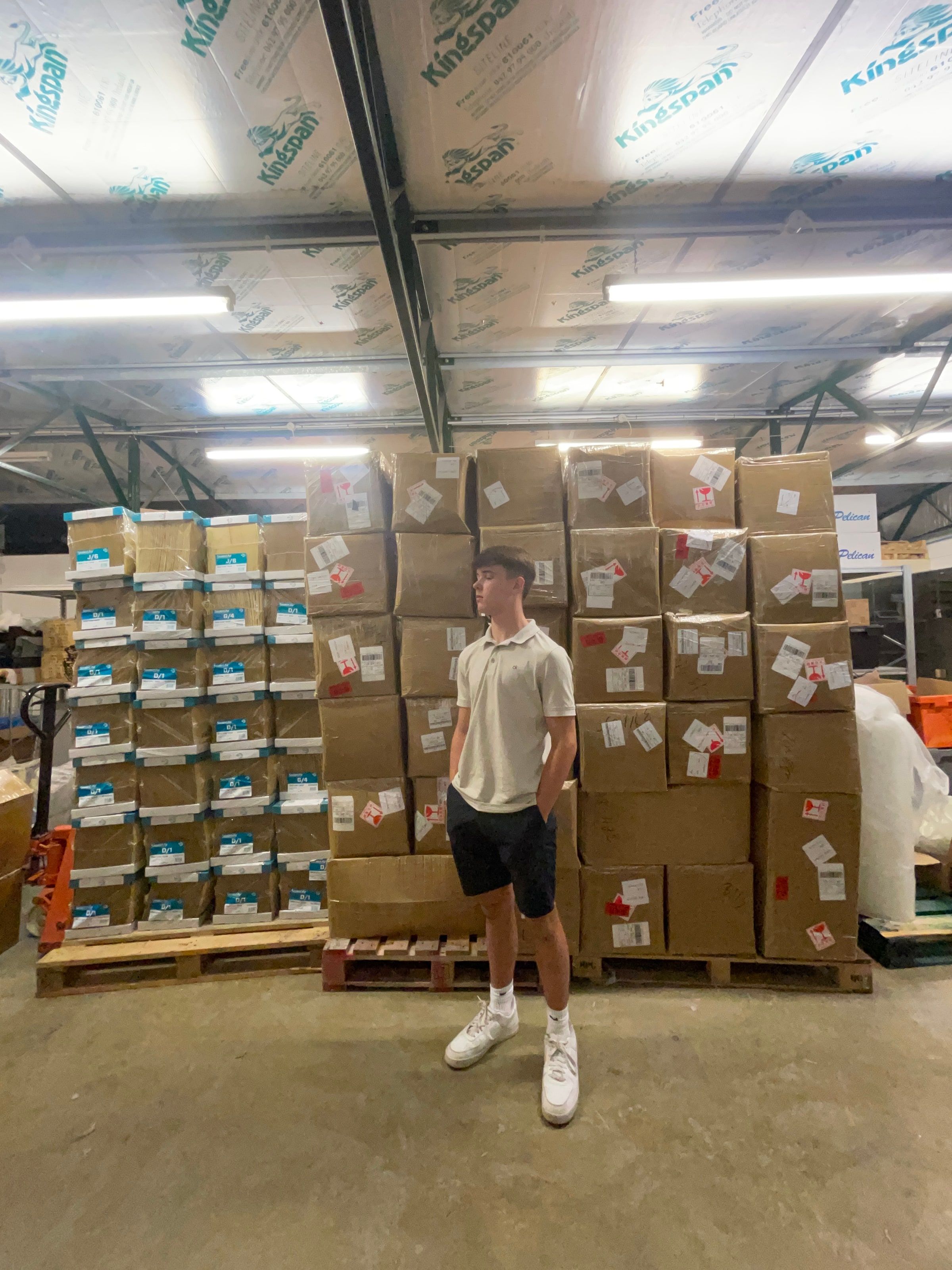 Pallets of stock stacked in the warehouse